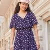 Anna Field V-NECK SLEEVE DRESS - Sukienka Letnia - Dark Blue/pink