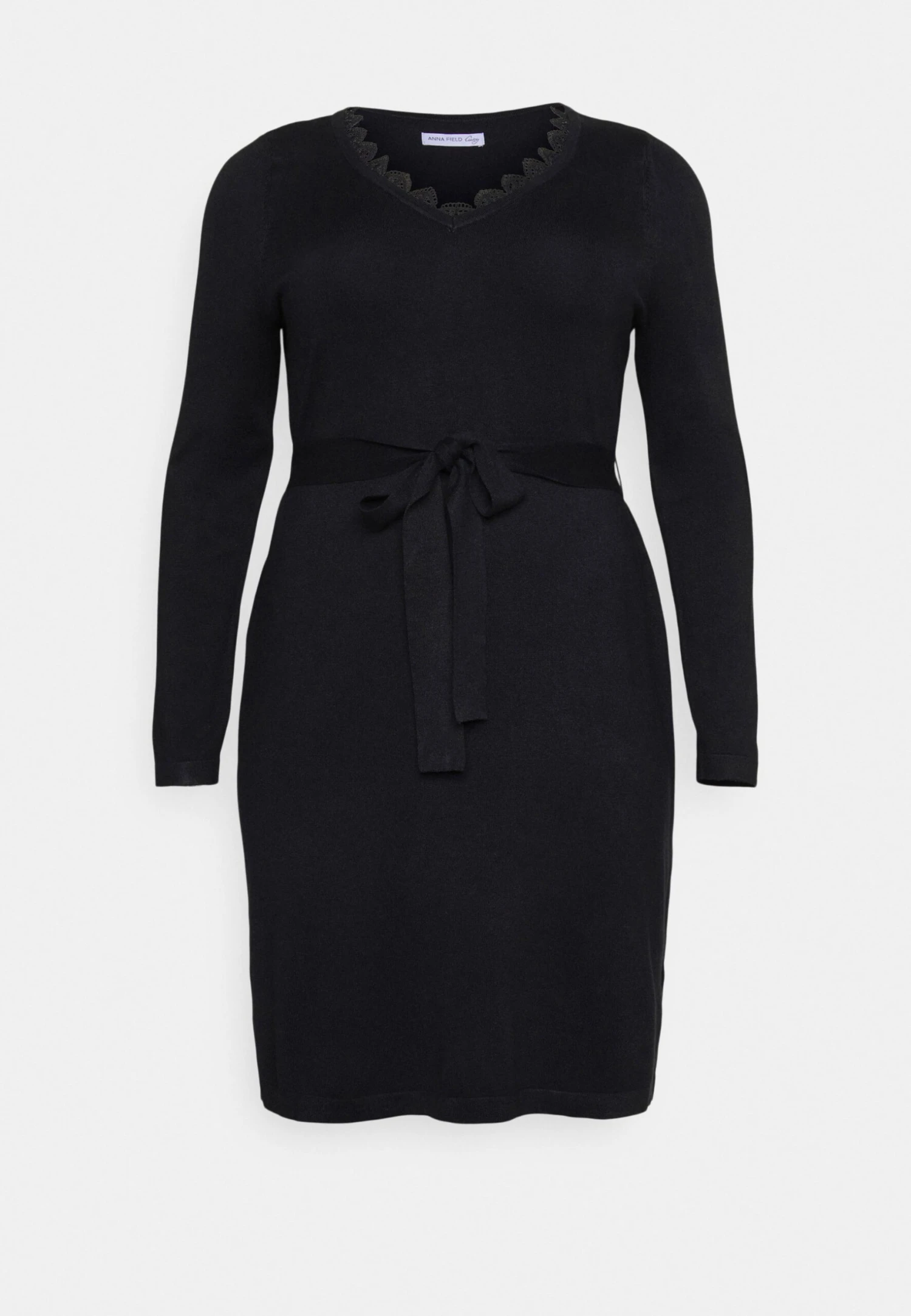 V AUSSCHNITT MINI STRICKKLEID MIT GÜRTEL UND SPITZENEINSATZ - Sukienka Dzianinowa - Black - obrazek 5