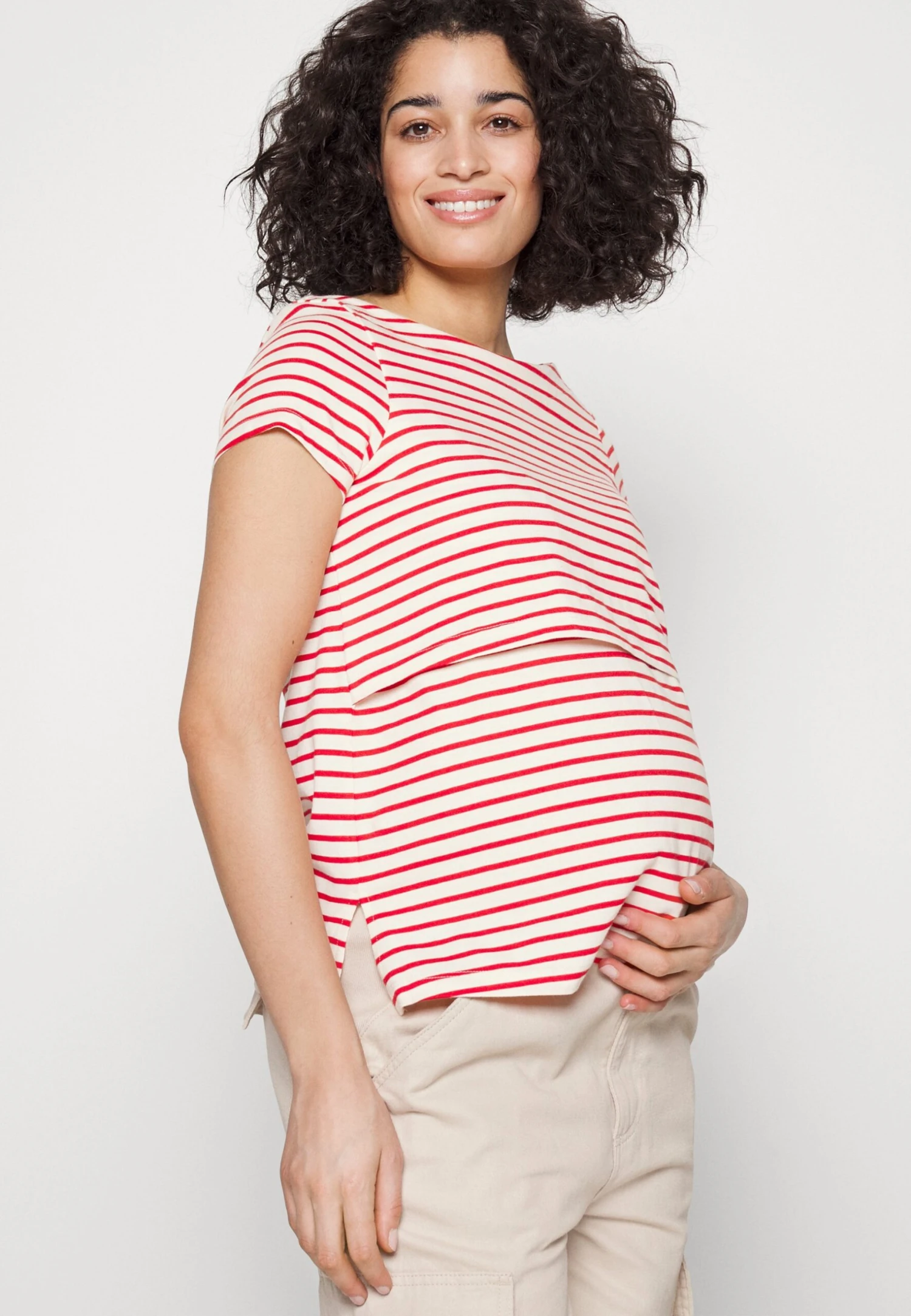 MATERNITY LONG TEE - T-shirt Basic - Red/off-white - obrazek 4