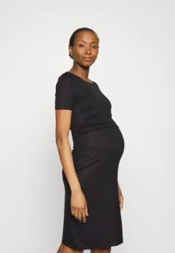 SHORT SLEEVES RUCHED WAIST MINI FLARED DRESS - Sukienka Z Dżerseju - Black