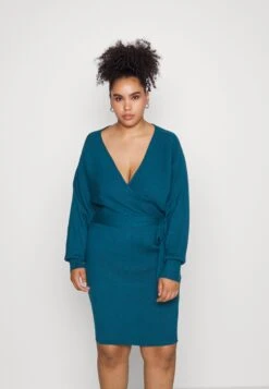 WRAP V AUSSCHNITT MINI STRICKKLEID MIT GÜRTEL - Sukienka Dzianinowa - Teal